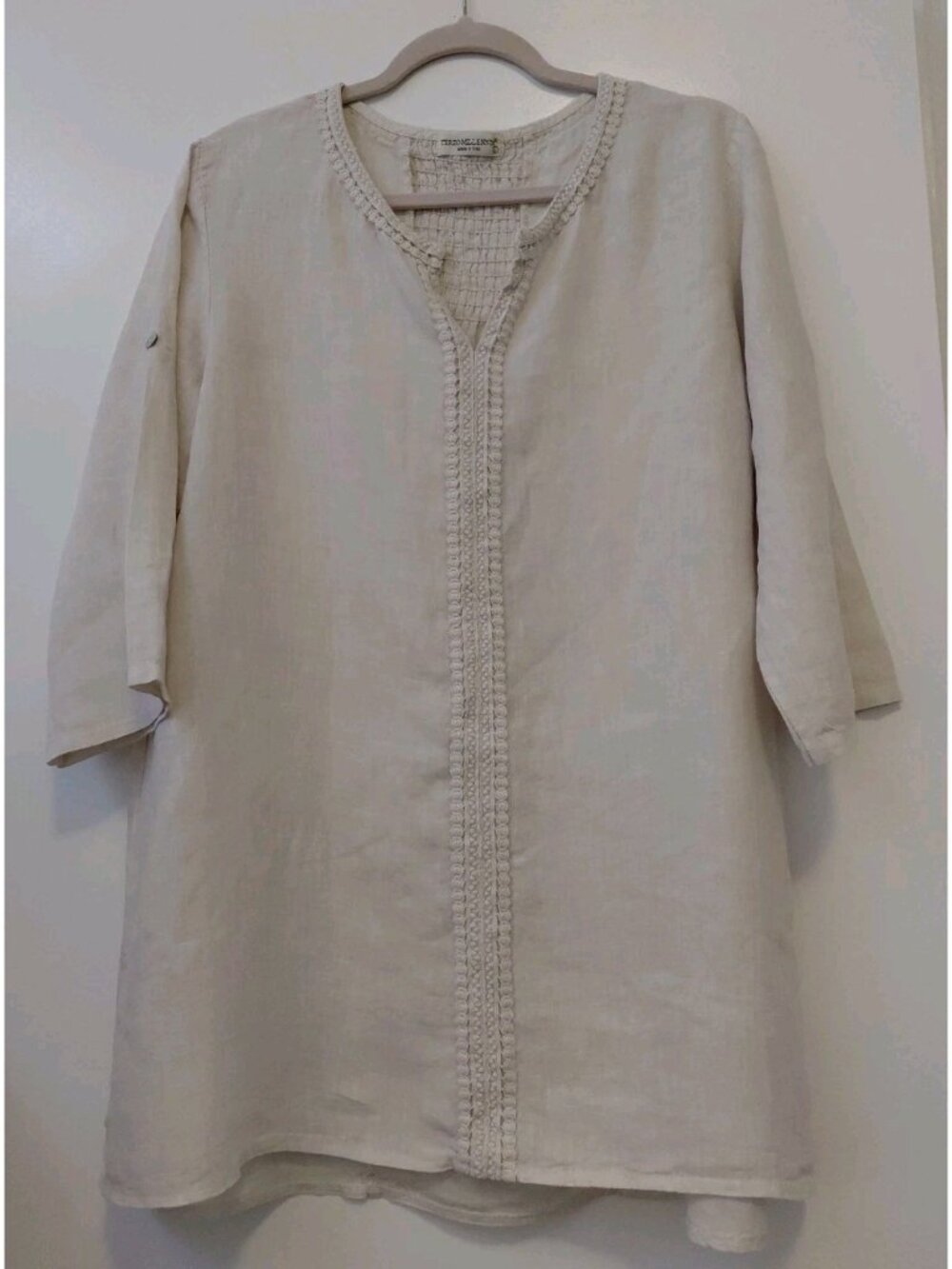 Terzo Millenno Linen Women’s Cream Casual V Neck Tunic Top Large Oatmeal